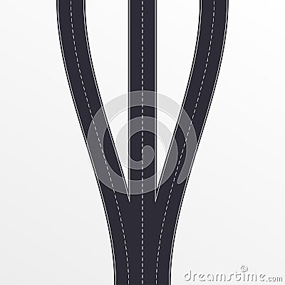 Crossroads with three ways. Asphalt road. Vector illustration. Vector Illustration